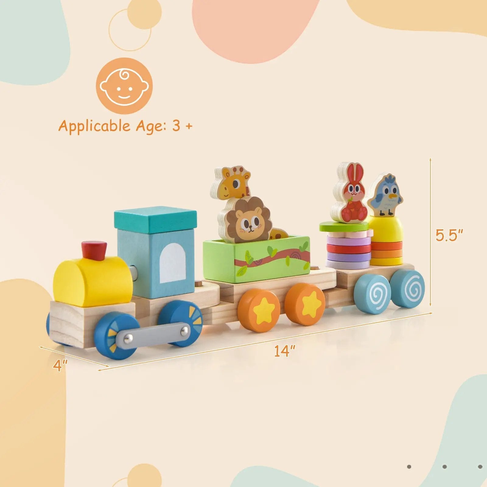 Wooden Stackable Educational Train Set with Colorful Animal Toys and Retractable Locomotive by DirectDeals