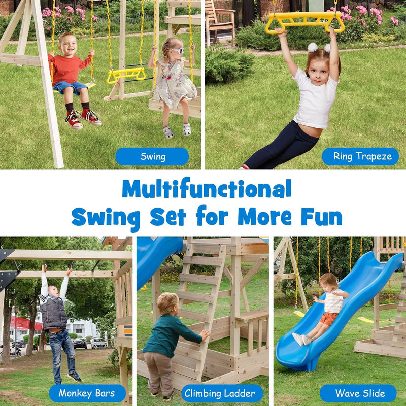 Wooden Swing Set with Large Upper Deck Slide and Steering Wheel by DirectDeals