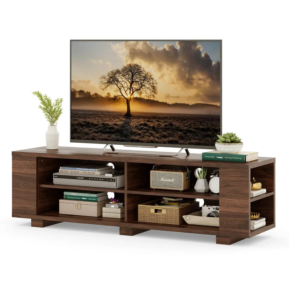59 Inch Console Storage Entertainment Media Wood TV Stand-Walnut, photo 4 of 14