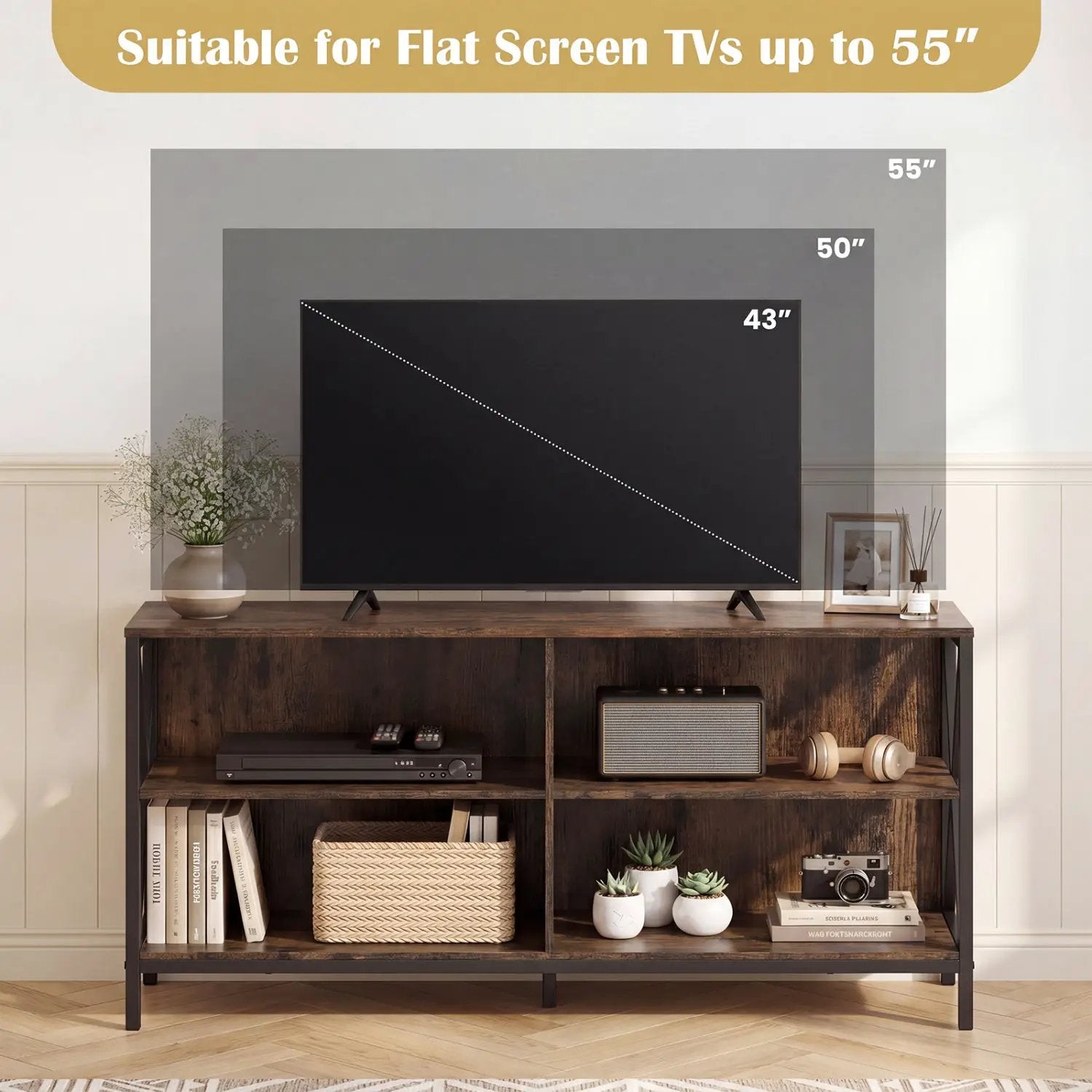 Wooden TV Stand Entertainment for TVs up to 55 Inch with X-Shaped Frame by DirectDeals