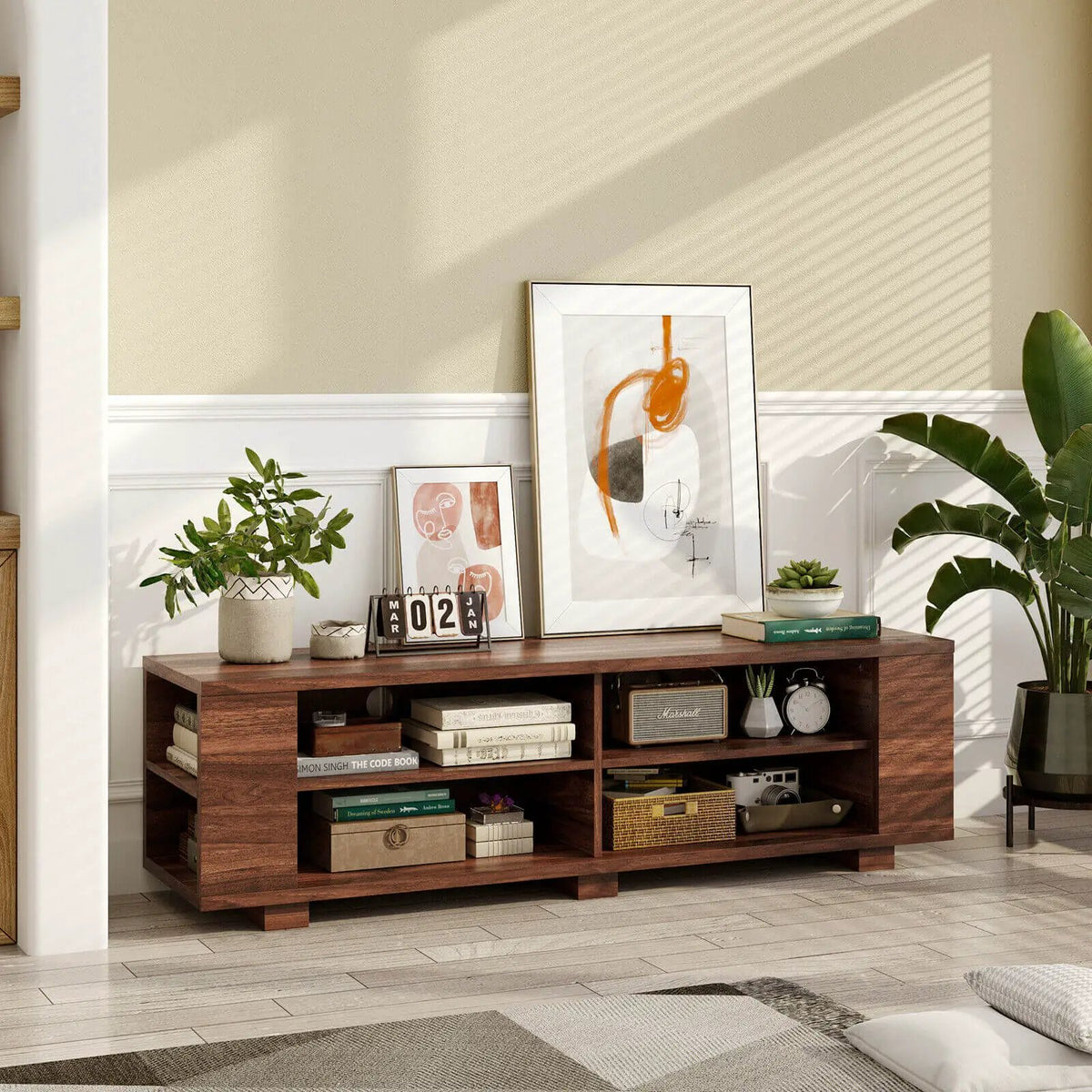59 Inch Console Storage Entertainment Media Wood TV Stand-Walnut, photo 7 of 14