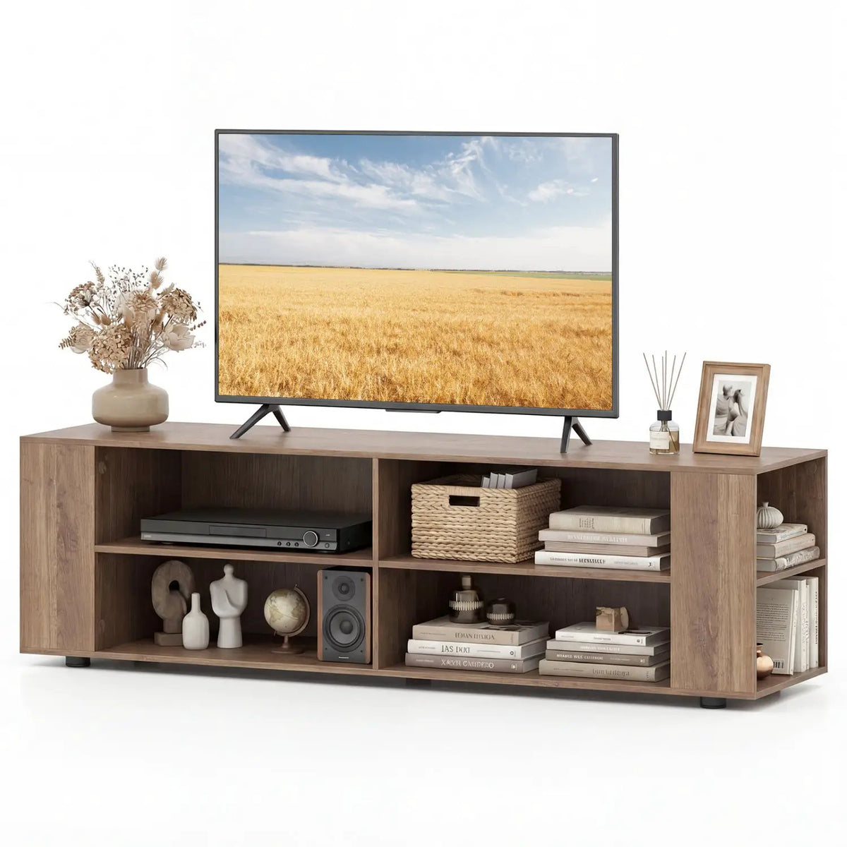 59 Inch Console Storage Entertainment Media Wood TV Stand-Walnut, photo 11 of 14
