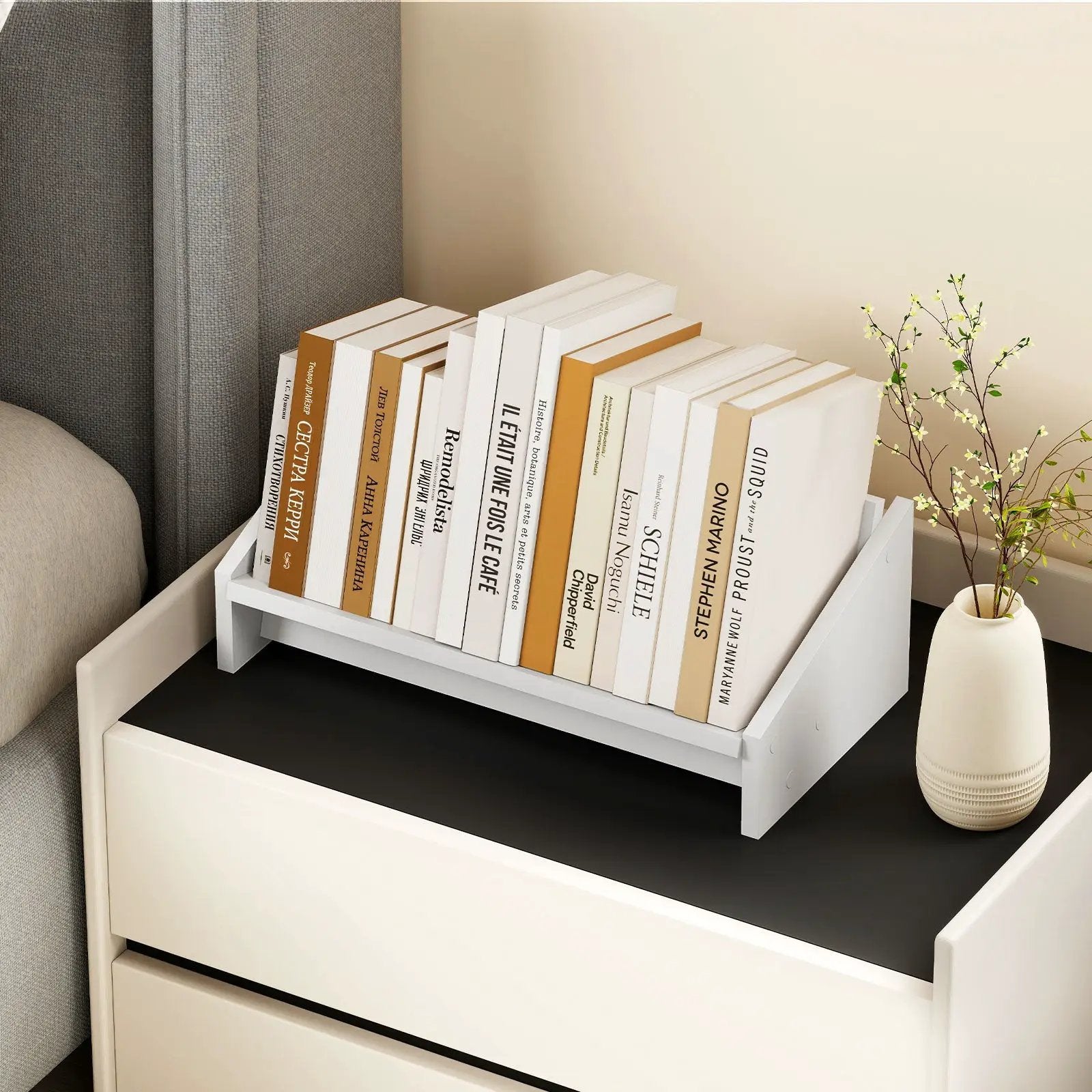 Wooden Tilting Bookcase Small Desktop Bookshelf Organizer for Magazines-White by DirectDeals