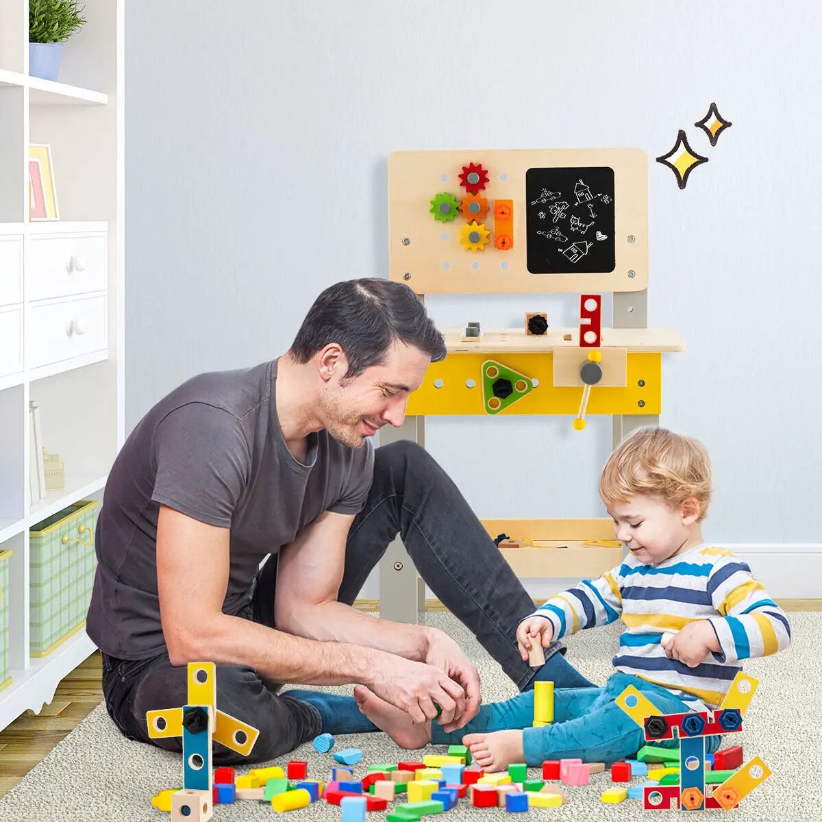 Wooden Pretend Play Workbench Set with Blackboard for Toddlers Ages 3+ by DirectDeals