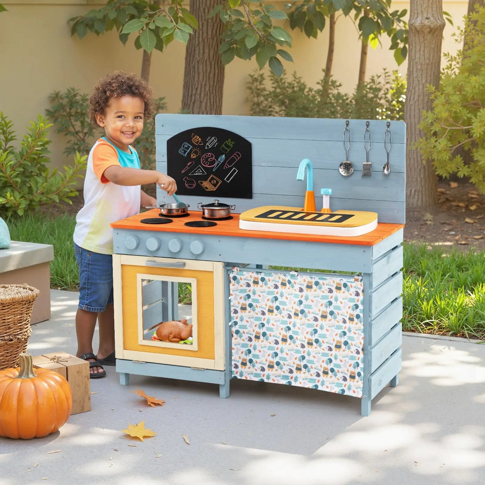 Wooden Toy Kitchen Playset with Removable Circulation Faucet and Cooking Accessories-Blue by DirectDeals