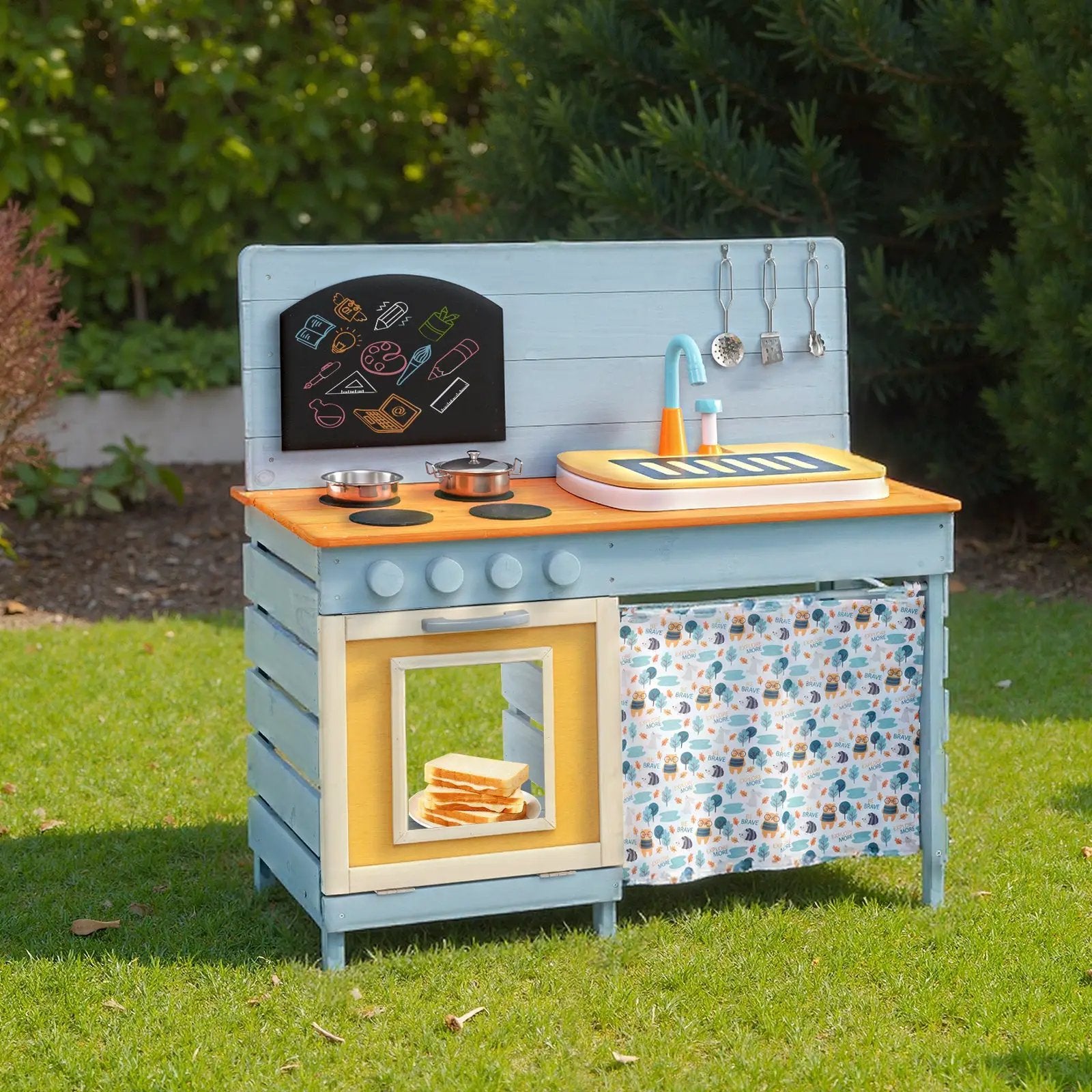 Wooden Toy Kitchen Playset with Removable Circulation Faucet and Cooking Accessories-Blue by DirectDeals
