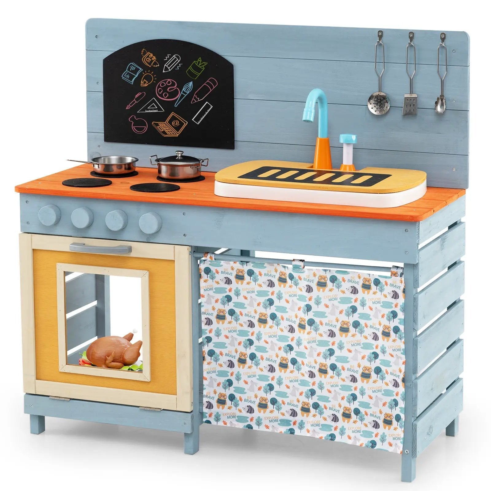 Wooden Toy Kitchen Playset with Removable Circulation Faucet and Cooking Accessories-Blue by DirectDeals