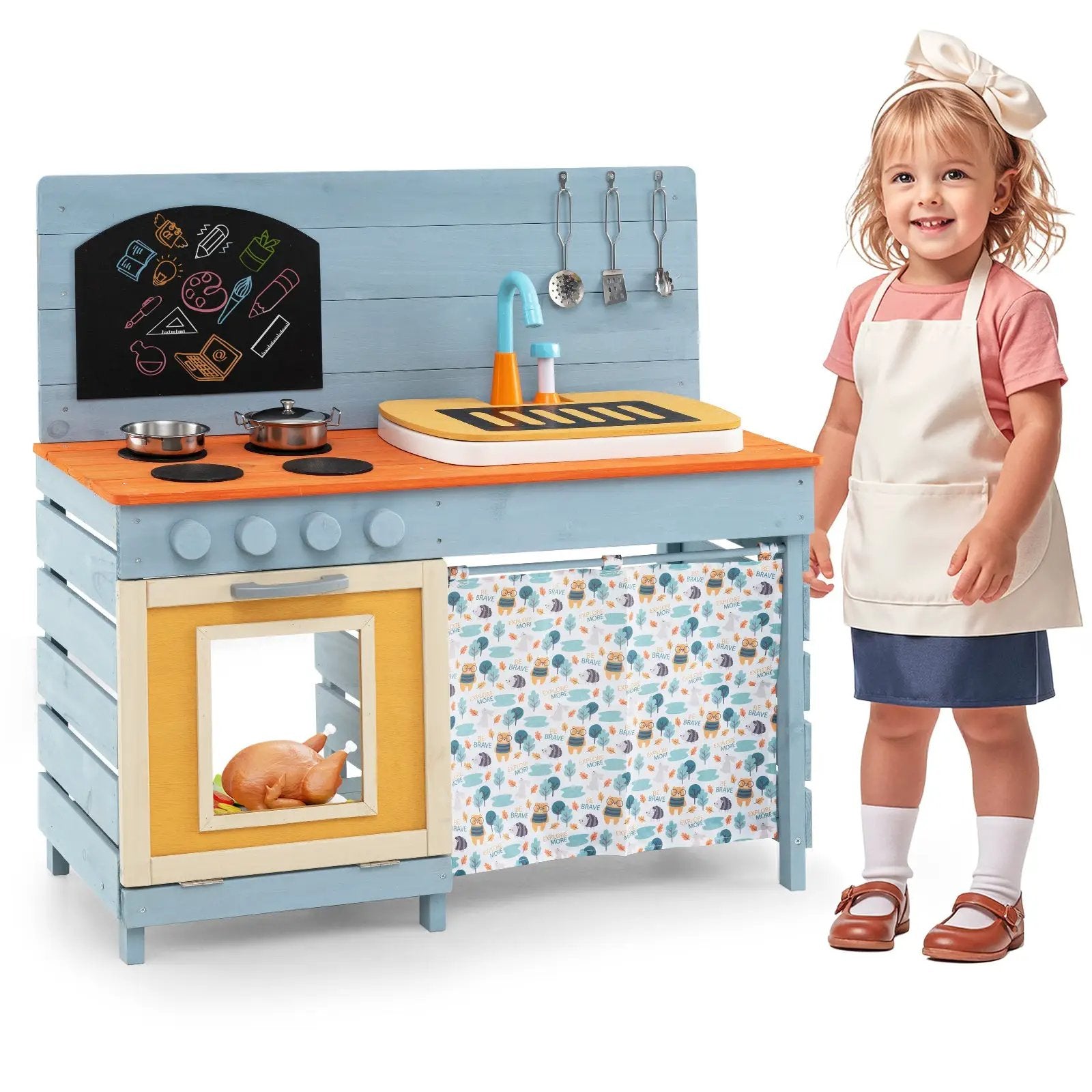 Wooden Toy Kitchen Playset with Removable Circulation Faucet and Cooking Accessories-Blue by DirectDeals