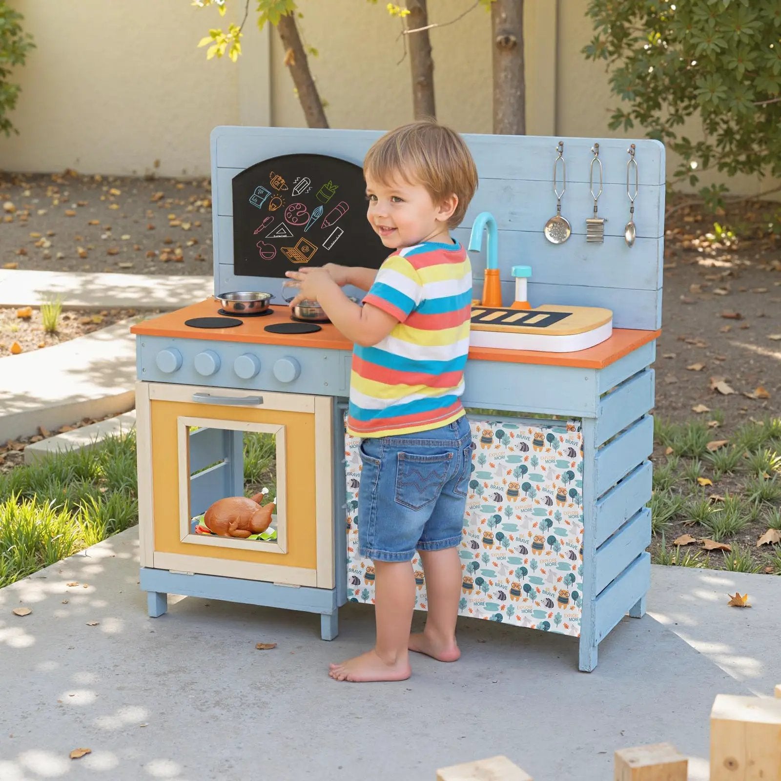 Wooden Toy Kitchen Playset with Removable Circulation Faucet and Cooking Accessories-Blue by DirectDeals