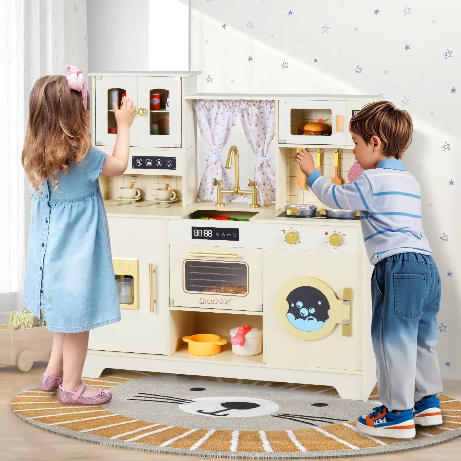 Wooden Toy Kitchen Playset with 14 Accessories for Aged 3+ Years-Beige by DirectDeals