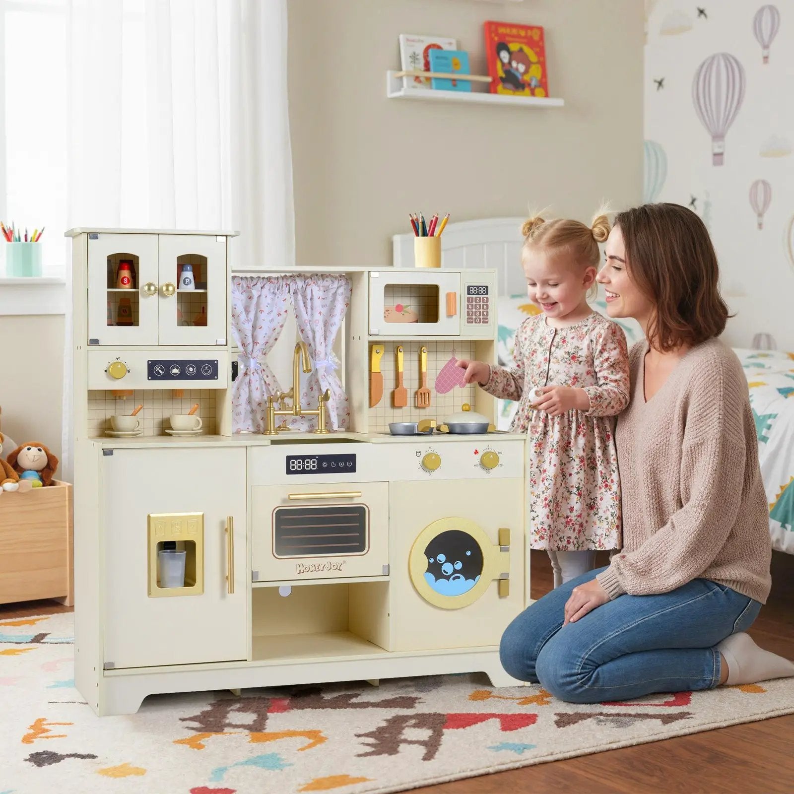 Wooden Toy Kitchen Playset with 14 Accessories for Aged 3+ Years-Beige by DirectDeals