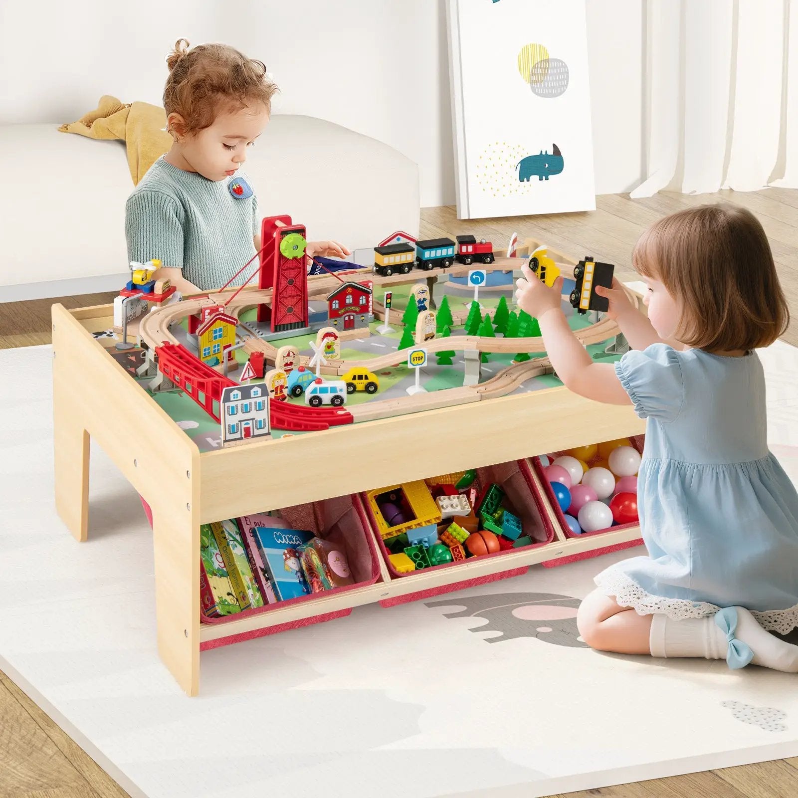 Wooden Train Set Table Kids Multipurpose Activity Play Table with 2 Reversible Tabletops-Red by DirectDeals