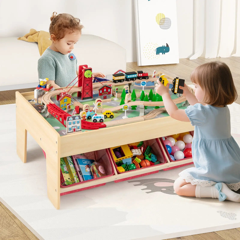 Wooden Train Set Table Kids Multipurpose Activity Play Table with 2 Reversible Tabletops-Red by DirectDeals