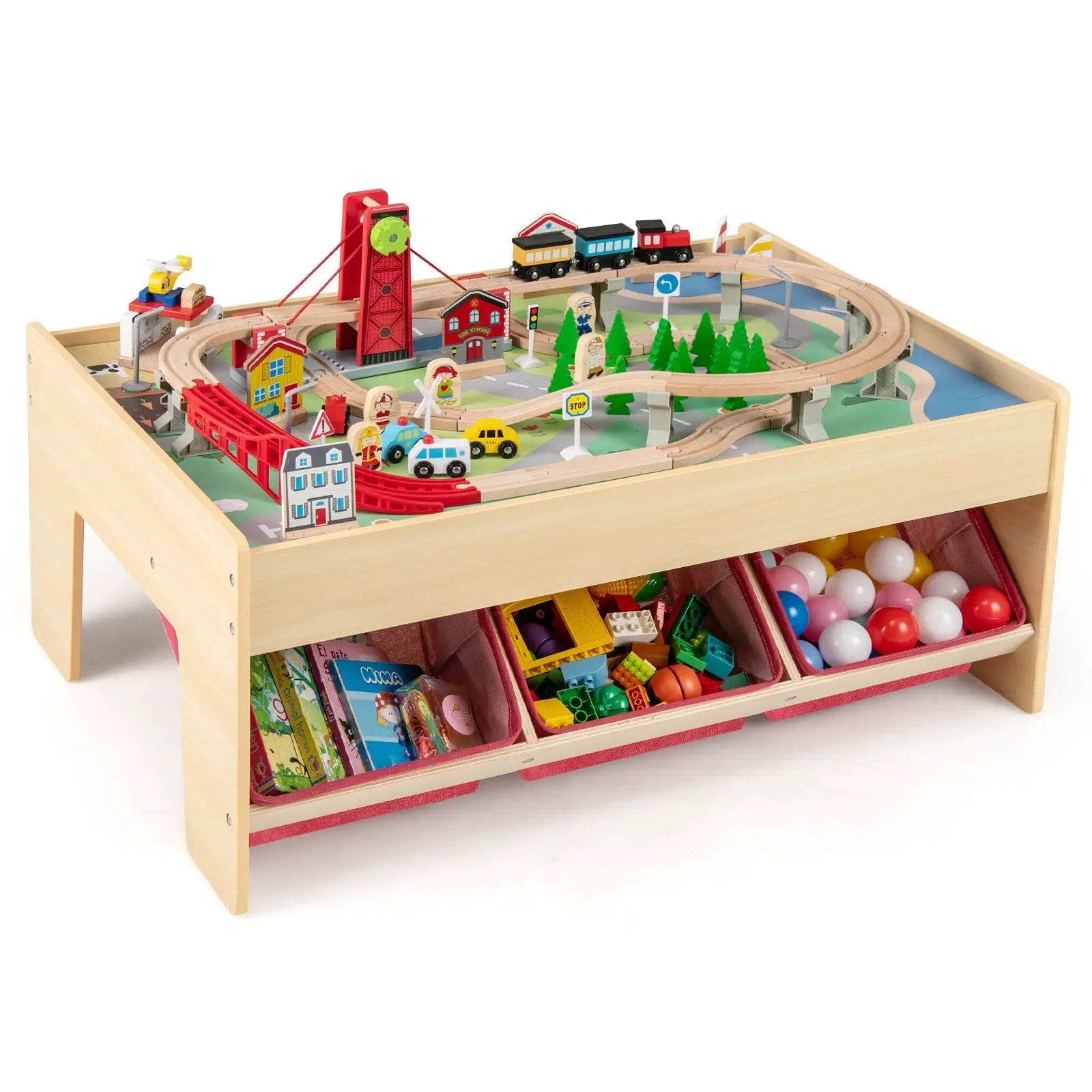 Wooden Train Set Table Kids Multipurpose Activity Play Table with 2 Reversible Tabletops-Red by DirectDeals