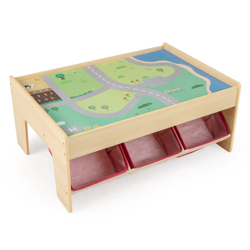Wooden Train Set Table Kids Multipurpose Activity Play Table with 2 Reversible Tabletops-Red by DirectDeals