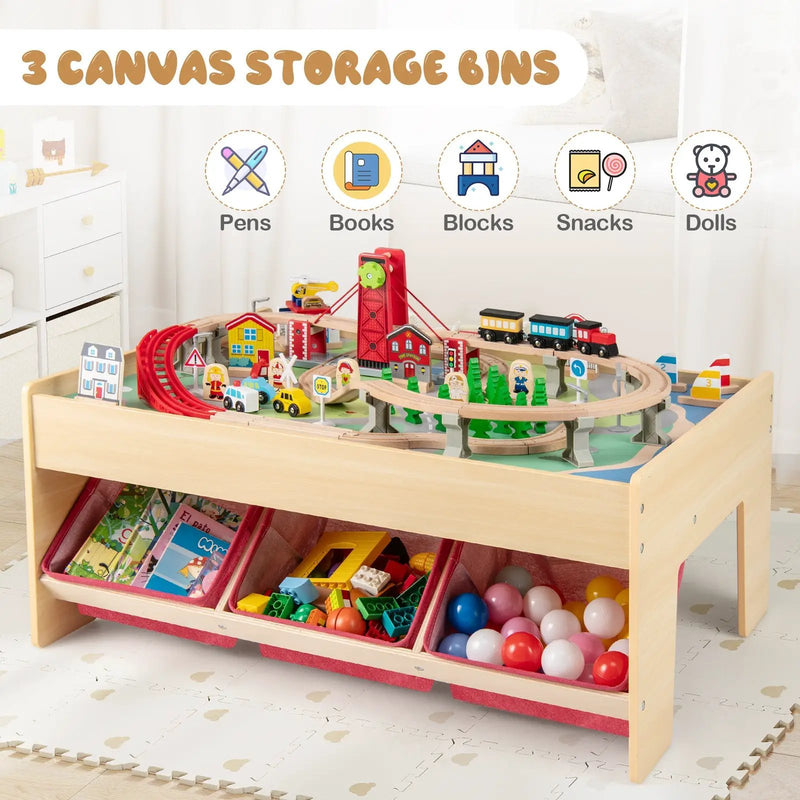 Wooden Train Set Table Kids Multipurpose Activity Play Table with 2 Reversible Tabletops-Red by DirectDeals