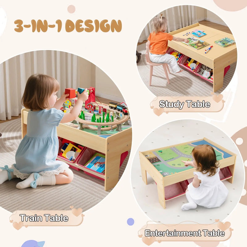 Wooden Train Set Table Kids Multipurpose Activity Play Table with 2 Reversible Tabletops-Red by DirectDeals