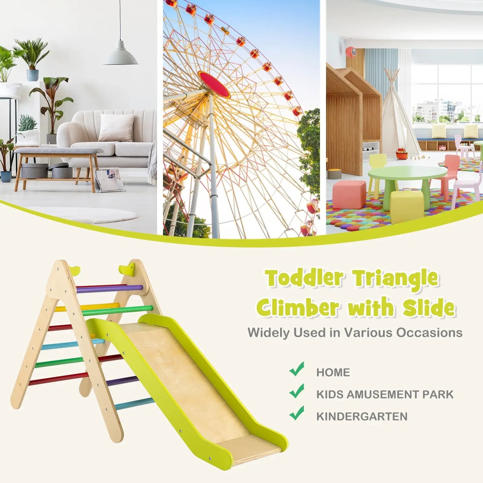 2-in-1 Wooden Triangle Climber Set with Gradient Adjustable Slide by DirectDeals