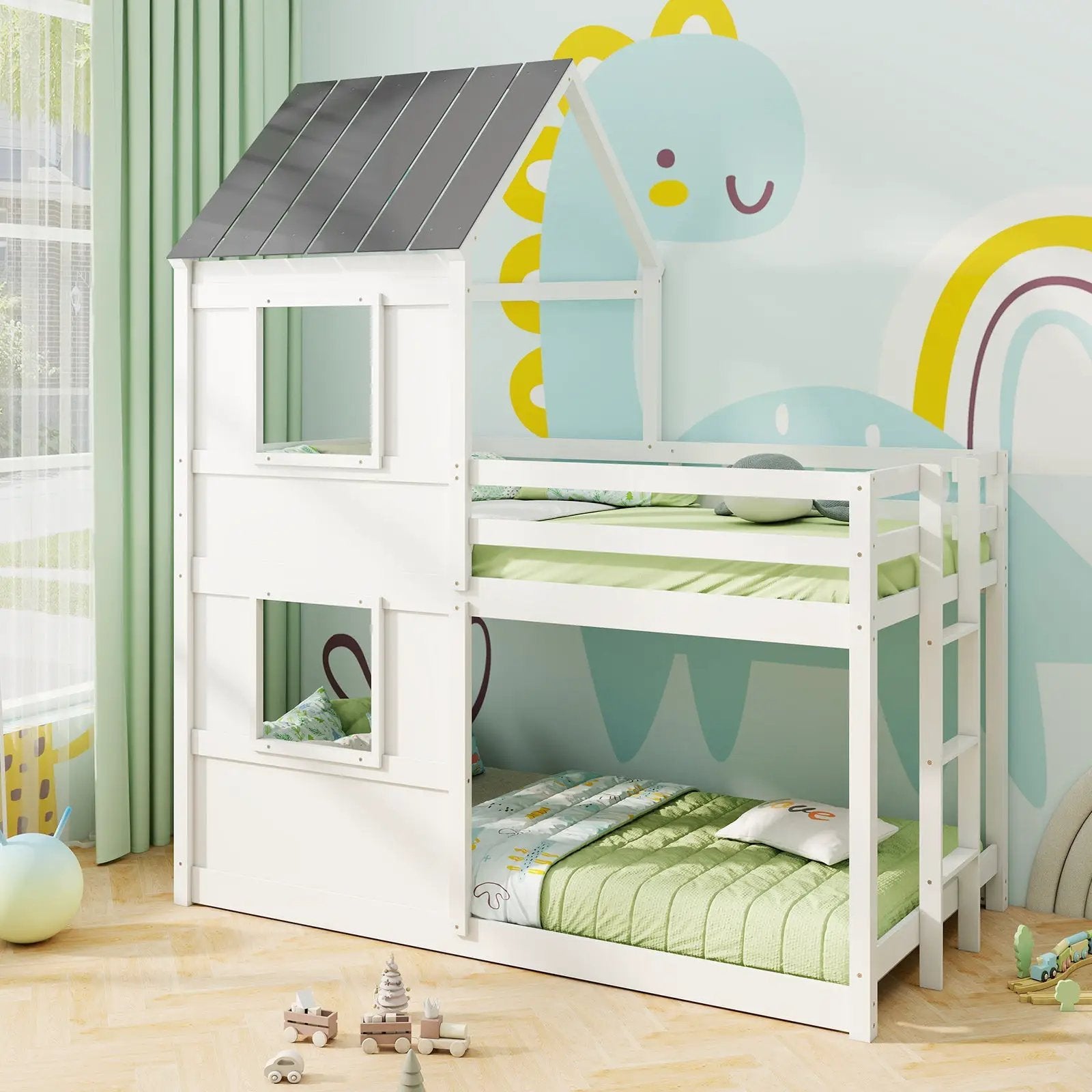 Wooden Twin Over Twin Bunk Bed with Full-length Safety Guardrail and Ladder-White and Gray by DirectDeals