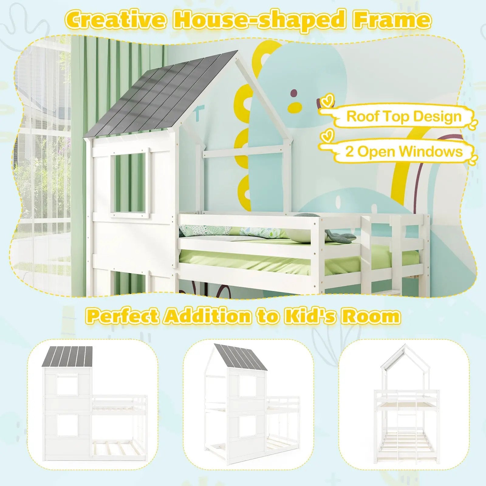 Wooden Twin Over Twin Bunk Bed with Full-length Safety Guardrail and Ladder-White and Gray by DirectDeals