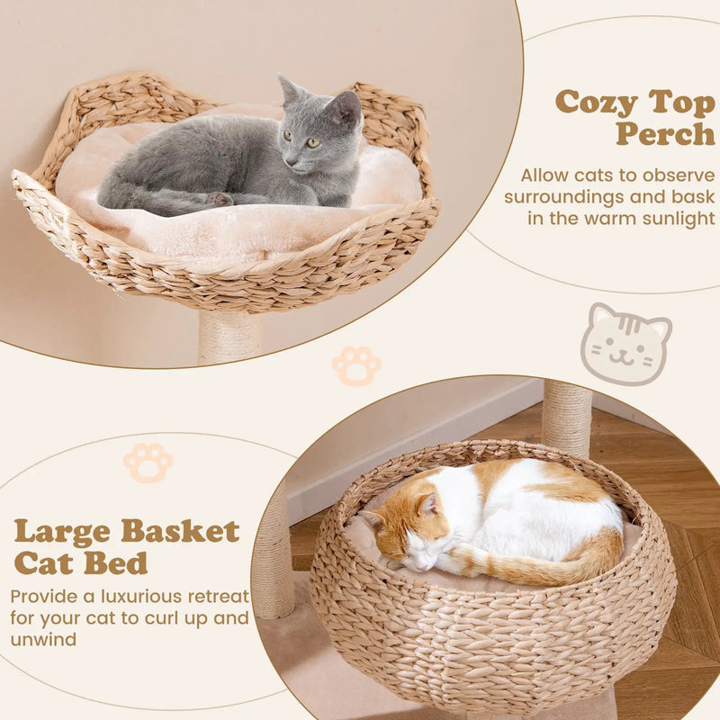 59 Inches Cattail Cat Tower with Sisal Scratching Posts and Soft Hammock-Beige by DirectDeals