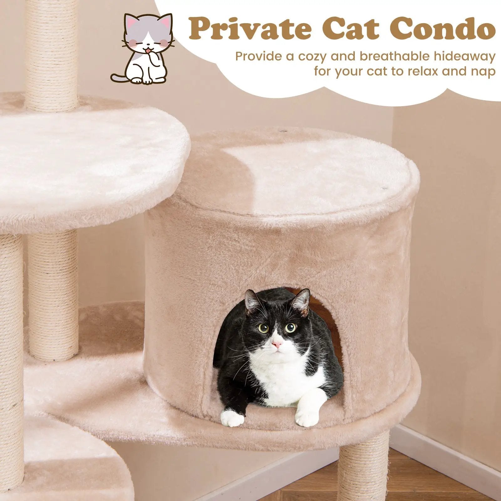 59 Inches Cattail Cat Tower with Sisal Scratching Posts and Soft Hammock-Beige by DirectDeals