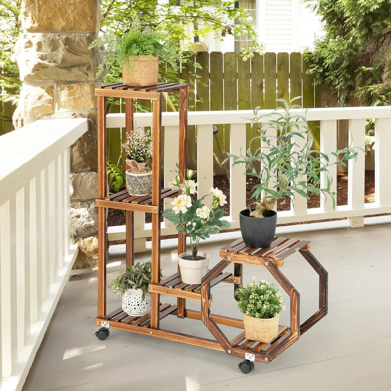 6-Tier Wooden Plant Stand with Wheels-Brown by DirectDeals