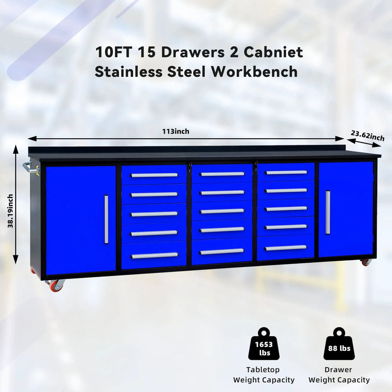 10ft 15-Drawer Storage Workbench with Wheels by Chery Industrial