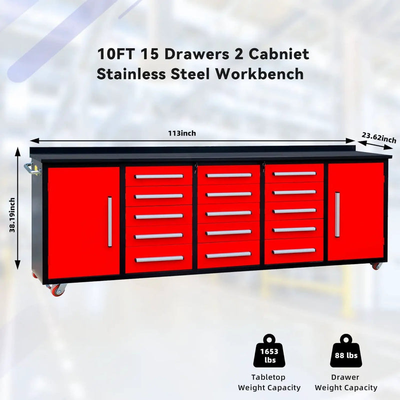 10ft 15-Drawer Storage Workbench with Wheels by Chery Industrial