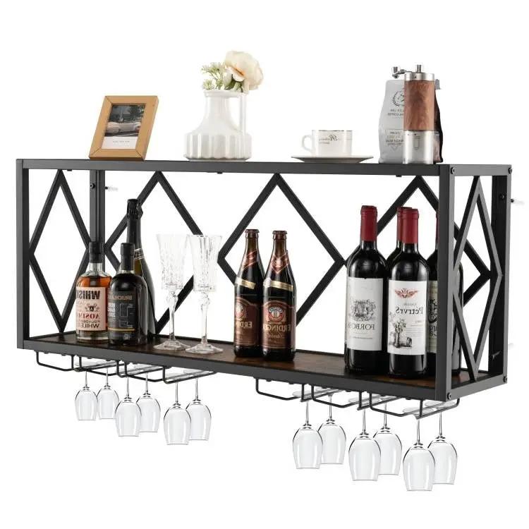 Industrial Rustic Brown Wood Metal Wall Mounted Wine Rack Shelf by HomePacific