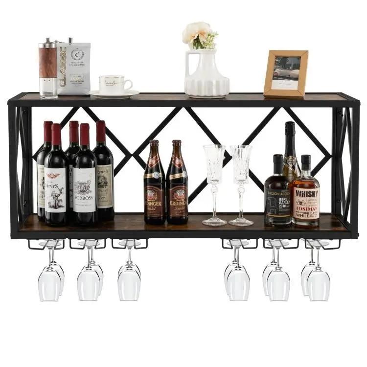 Industrial Rustic Brown Wood Metal Wall Mounted Wine Rack Shelf by HomePacific