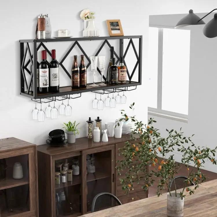 Industrial Rustic Brown Wood Metal Wall Mounted Wine Rack Shelf by HomePacific