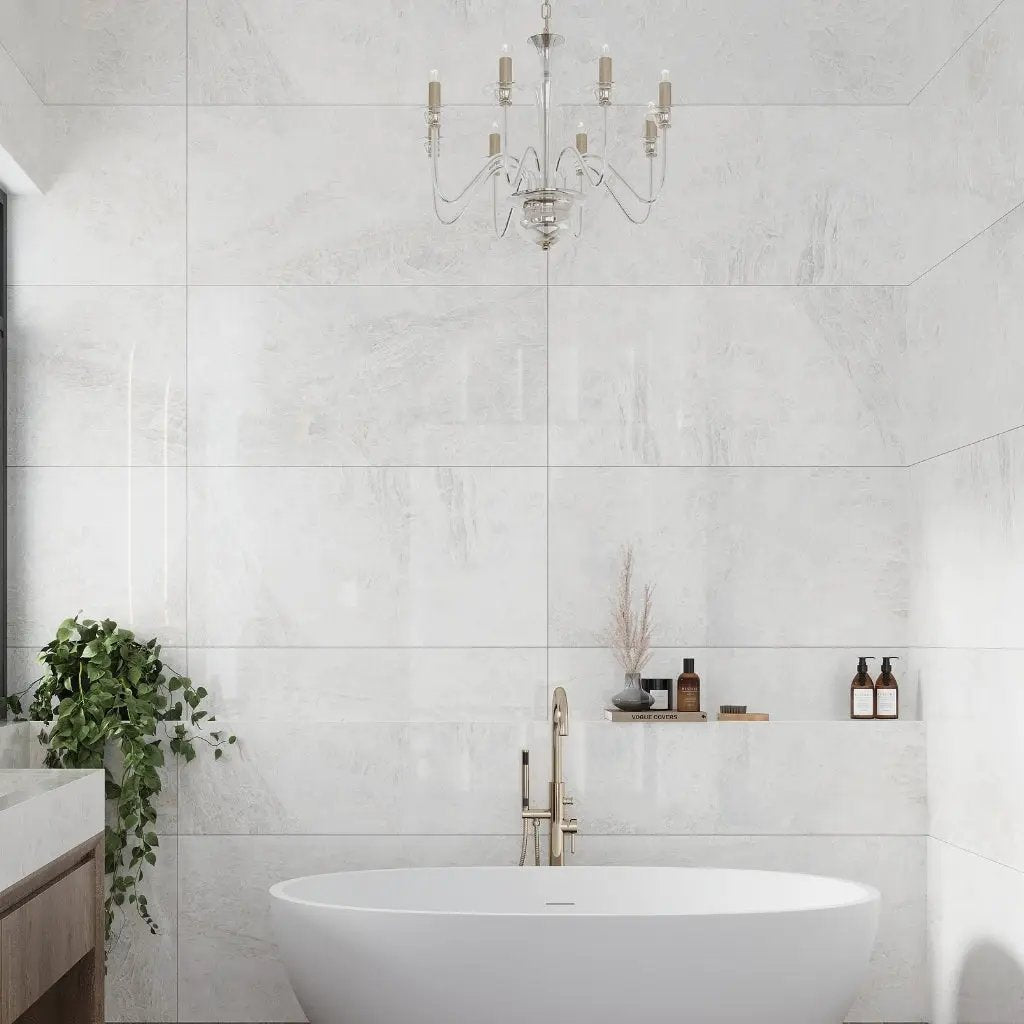 Frosted White 24x48 Polished Porcelain Large Format Tile (2 pack, 15.49 sq ft/case) by Apollo Tile