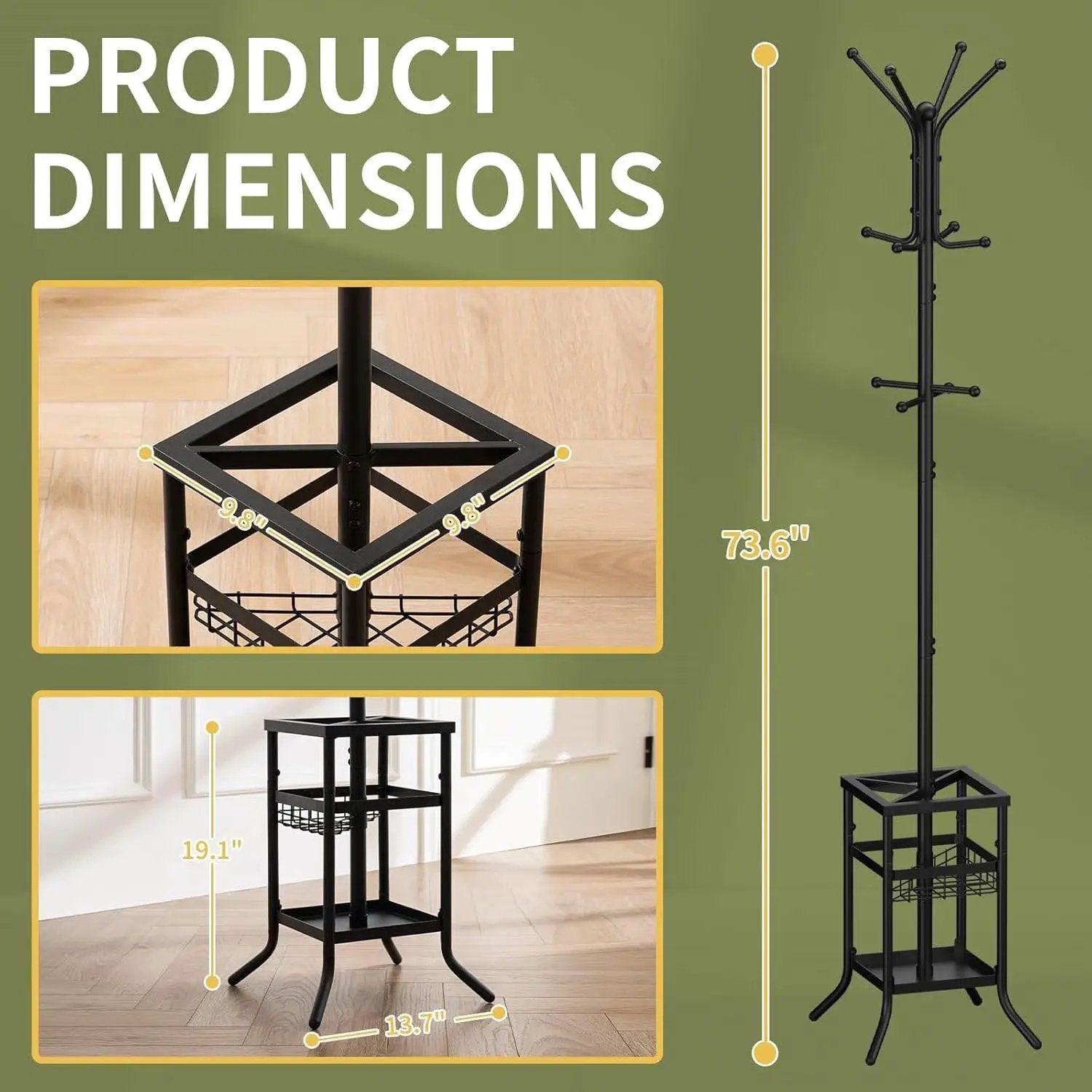 Black Metal Coat Rack Entryway Hall Tree with Umbrella Holder by HomePacific