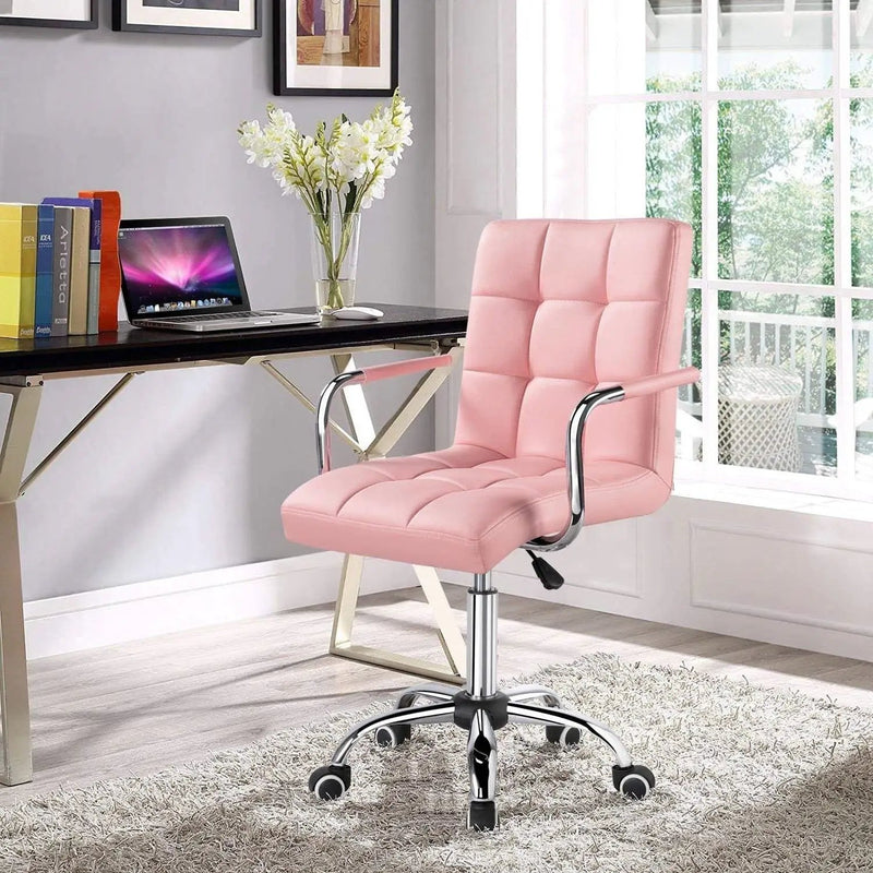 Pink Modern Faux Leather Mid-Back Swivel Office Chair with Armrests and Wheels by HomePacific