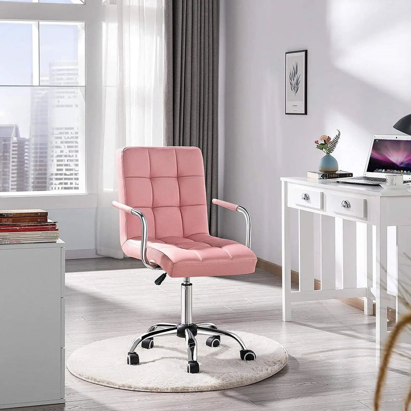 Pink Modern Faux Leather Mid-Back Swivel Office Chair with Armrests and Wheels by HomePacific