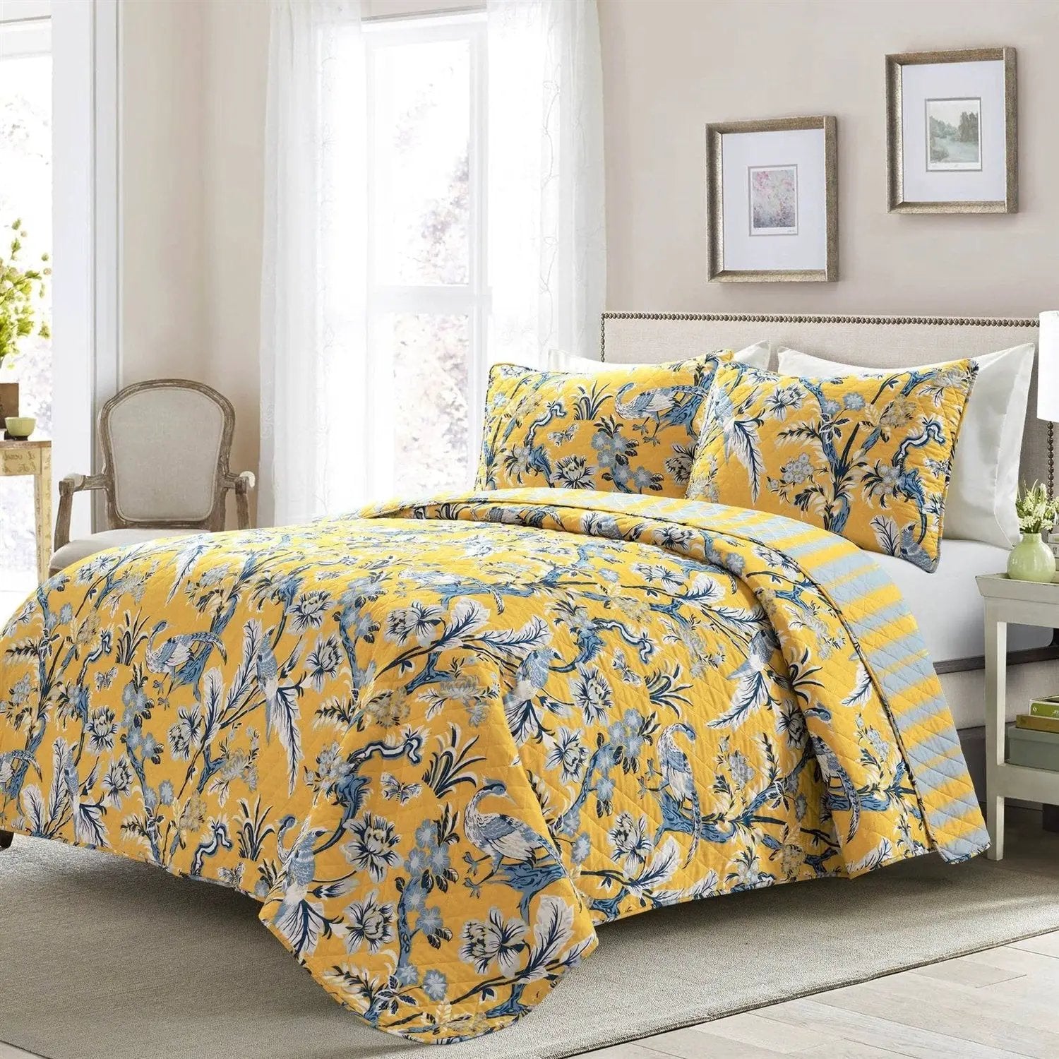Full/Queen Yellow Blue Peacocks Floral Lightweight Polyester 3-Piece Quilt Set by HomePacific