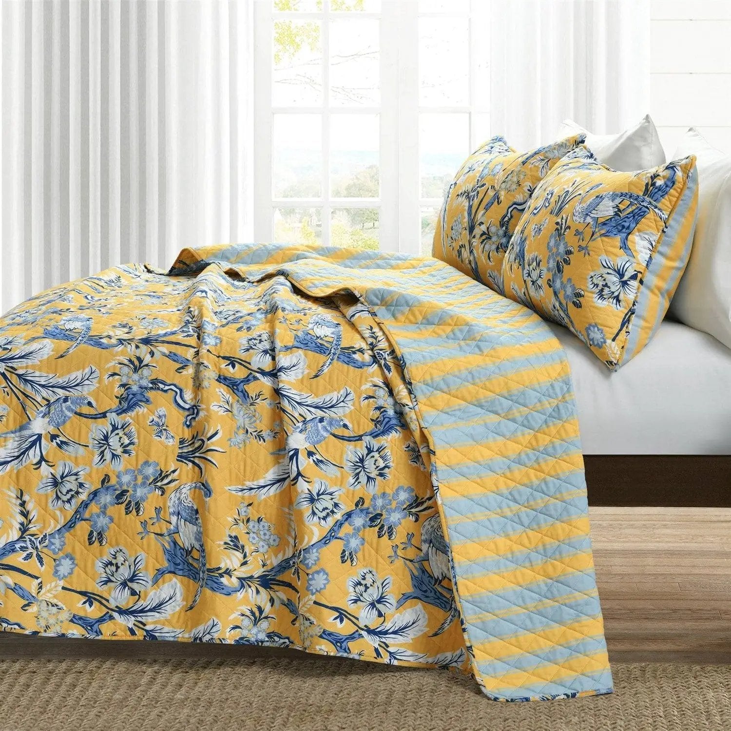 Full/Queen Yellow Blue Peacocks Floral Lightweight Polyester 3-Piece Quilt Set by HomePacific