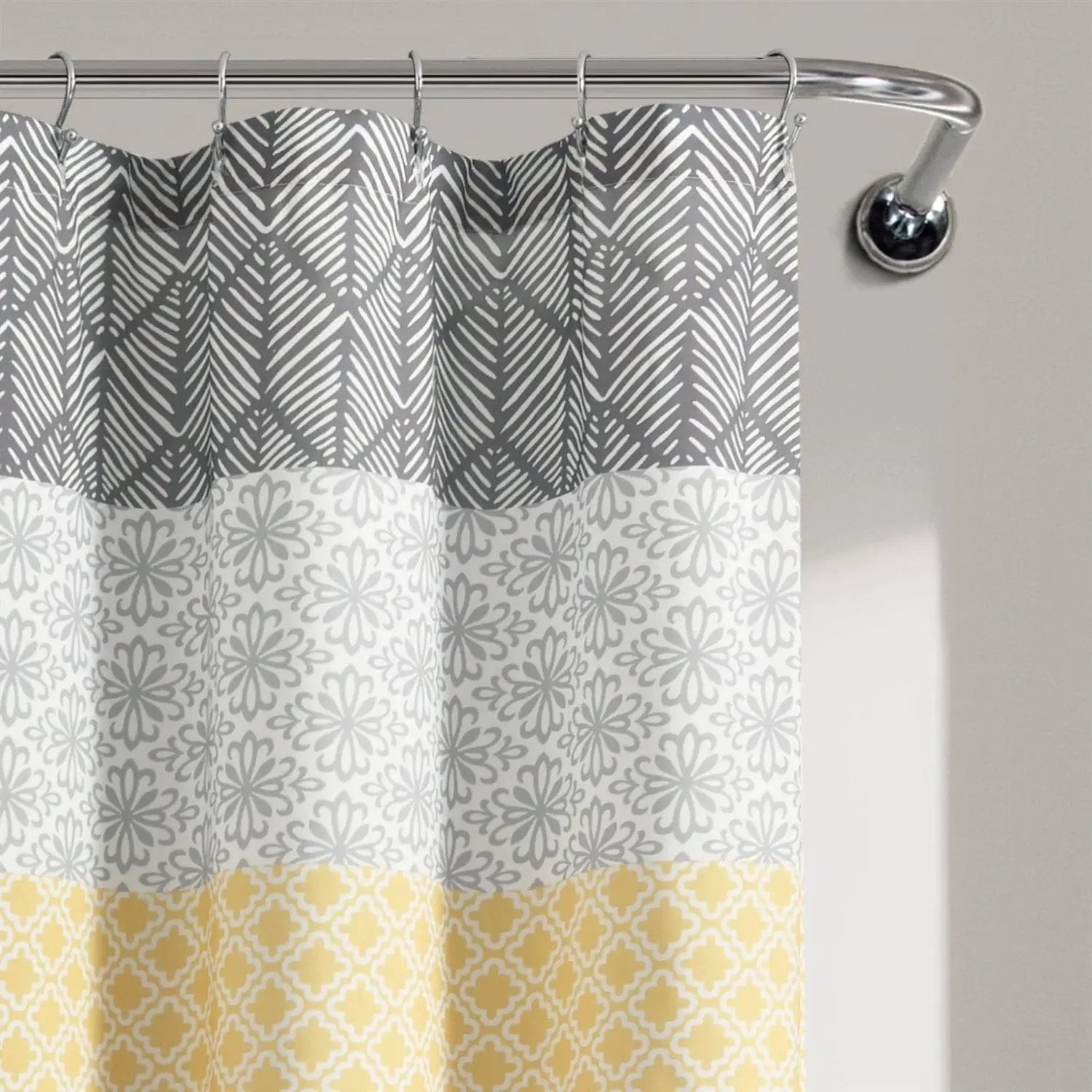 72-in. Yellow Black White Grey Floral Damask Boho Polyester Shower Curtain by HomePacific