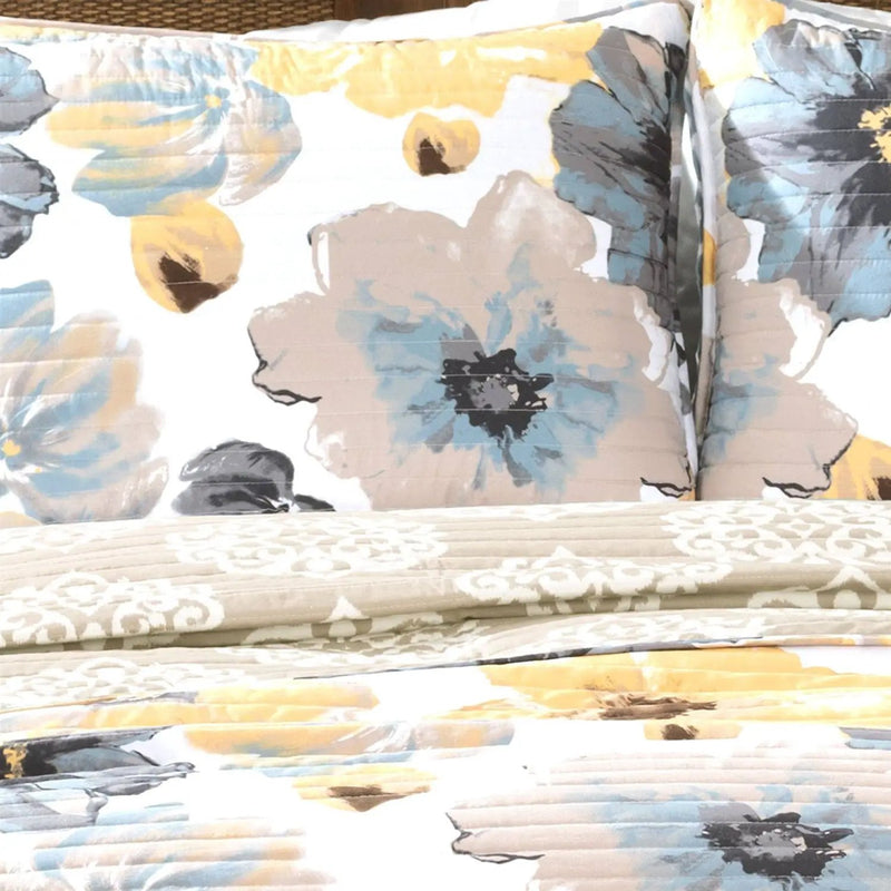 Full/Queen White Yellow Grey Flowers Lightweight Polyester Microfiber Quilt Set by HomePacific