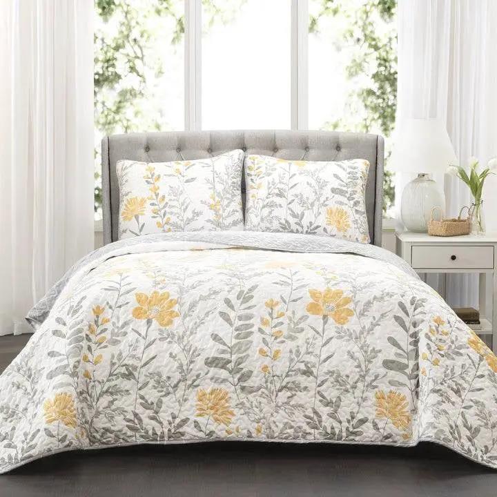 Full/Queen size Yellow Grey Floral Light Thin Cotton Polyester Blend Quilt Set by HomePacific