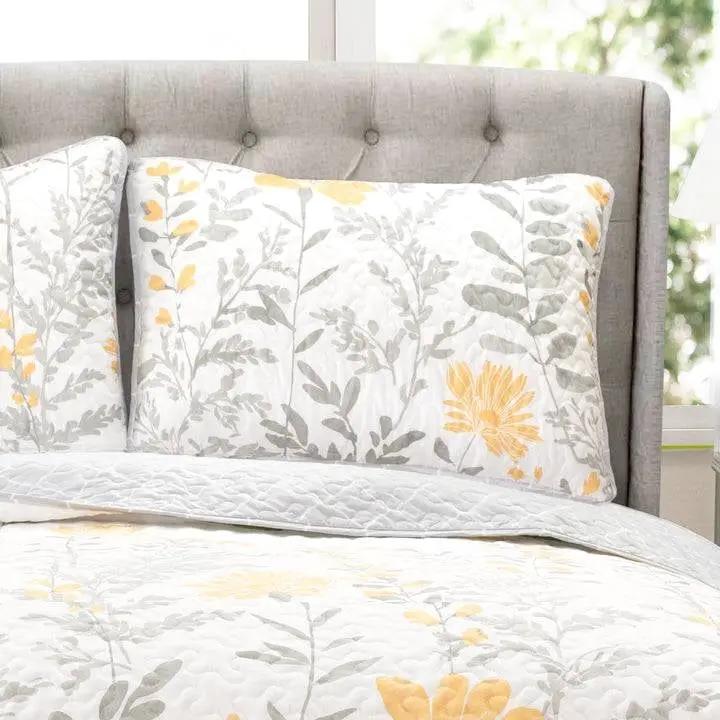 Full/Queen size Yellow Grey Floral Light Thin Cotton Polyester Blend Quilt Set by HomePacific