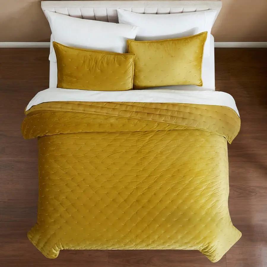 King/CAL King Size 3-Piece Mustard Yellow Velvet Embroidered Super Soft Quilt Set by HomePacific