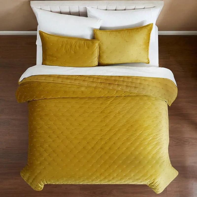 King/CAL King Size 3-Piece Mustard Yellow Velvet Embroidered Super Soft Quilt Set by HomePacific