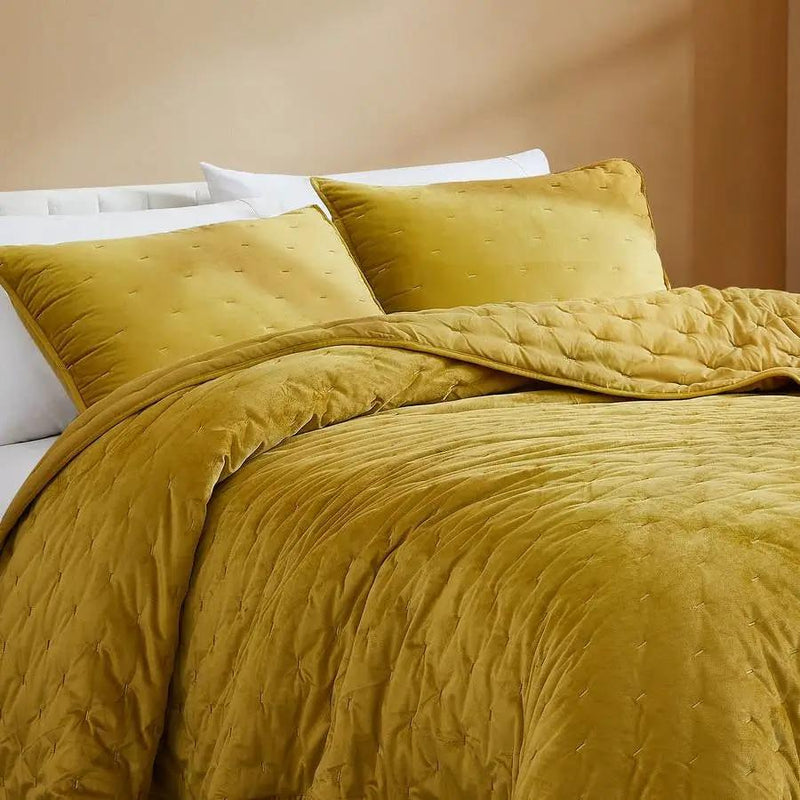 King/CAL King Size 3-Piece Mustard Yellow Velvet Embroidered Super Soft Quilt Set by HomePacific