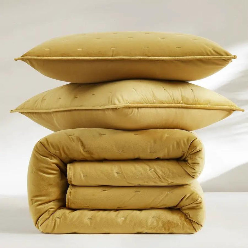 King/CAL King Size 3-Piece Mustard Yellow Velvet Embroidered Super Soft Quilt Set by HomePacific