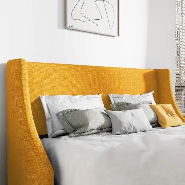 King Size Upholstered Linen Blend Headboard Wingback Platform Bed in Yellow by HomePacific