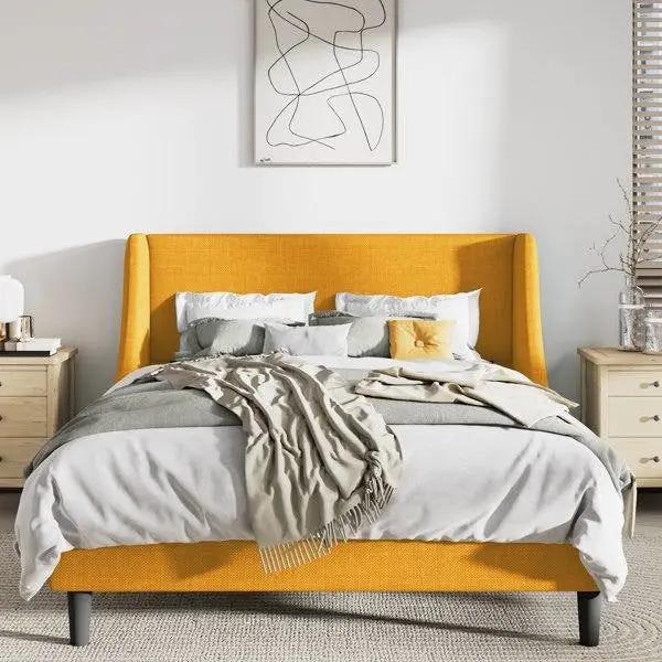 Queen Size Yellow Linen Blend Upholstered Platform Bed with Wingback Headboard by HomePacific