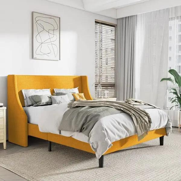 Queen Size Yellow Linen Blend Upholstered Platform Bed with Wingback Headboard by HomePacific