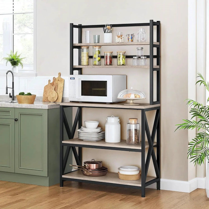 Modern Black Metal Grey Wood Bakers Rack Microwave Stand Kitchen Shelving Unit by HomePacific